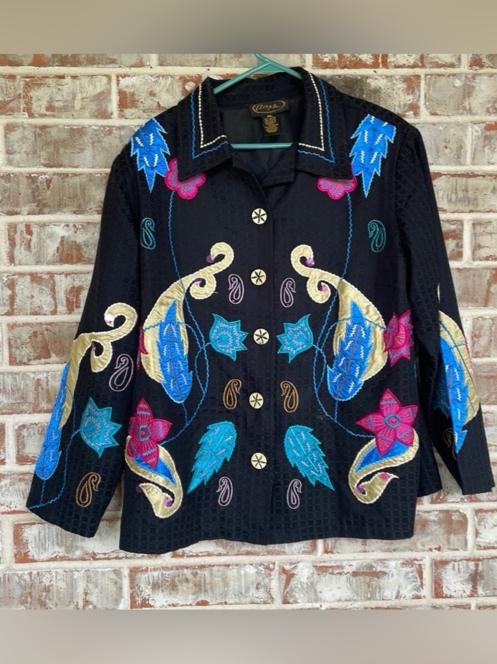 Embroidered Black Floral Button-Front Top